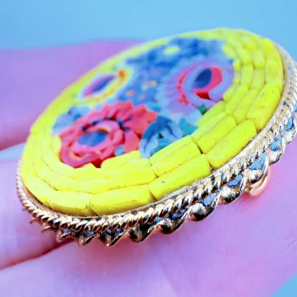 Vtg Micro Mosaic Millefiori Brooch Floral Yellow Red Blue Pink Green Italy 1.5